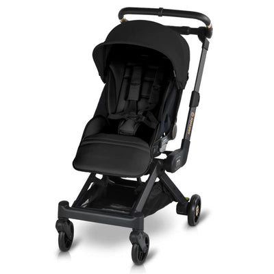 Compact black stroller with a reclining seat, adjustable canopy, and safety harness, designed for ease of use.