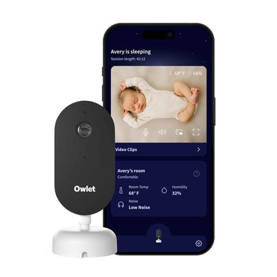 Smart HD video baby monitor with a visible camera and phone displaying a sleeping baby, room temperature, and humidity levels.