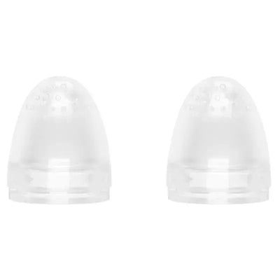 Two clear silicone feeder replacements designed for baby feeding, featuring small perforations for easy food dispensing.