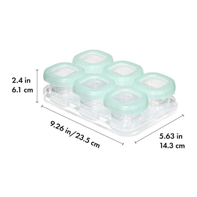 Oxo Tot Baby Blocks food storage container set, featuring six 2 oz clear containers with mint green lids, dimensions labeled.