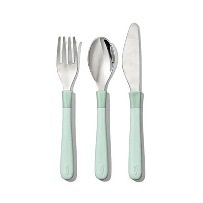 Cutlery set for big kids, featuring a fork, spoon, and knife with mint green handles and stainless steel heads.