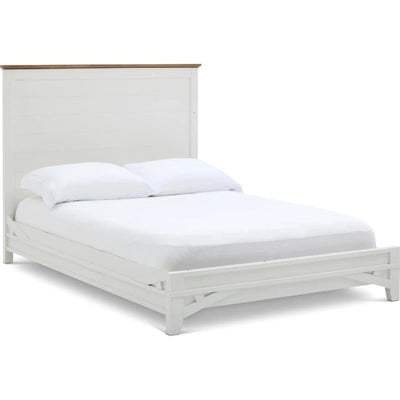 Platform bed conversion kit featuring a white wooden frame and a contrasting natural wood headboard.