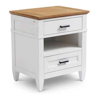 White nightstand with a natural wood top, featuring two drawers and an open shelf. Ideal for bedside storage.
