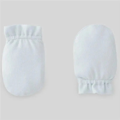 Knit mittens for baby boys in chalk blue, featuring a soft fabric and gathered wrist design.