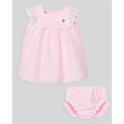 Woven newborn dress and bloomers set in chalk pink, featuring lace trim and textured dot details.