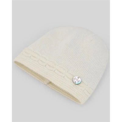 Cream and beige knit newborn hat with a decorative button, featuring a textured pattern and a soft fabric.
