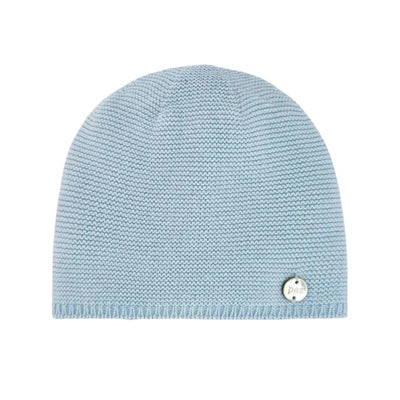 Sky blue knit newborn hat by Paz Rodriguez, featuring a small logo tag attached to the side.