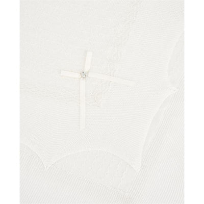 Cream and beige Paz Rodriguez blanket with decorative lace and a ribbon bow detail.