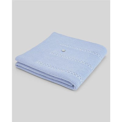 Knit newborn blanket in light pink and cream, featuring a soft texture and decorative stitching details.
