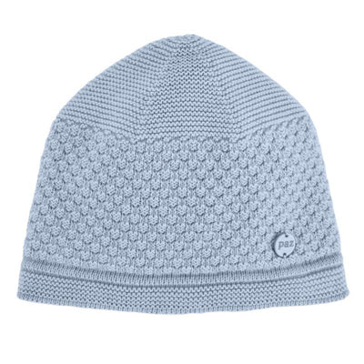Knit newborn hat in sky blue with textured design and a small logo tag, ideal for infants.