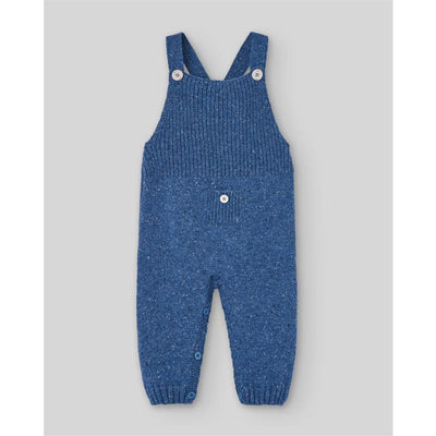 Knit newborn overall in powder blue with a textured pattern, featuring adjustable straps and buttons.
