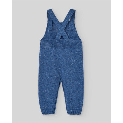 Knit overall for newborns in a powder blue color, featuring adjustable cross-back straps and ribbed cuffs.