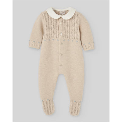 Knit newborn romper in light brown and chalk blue, featuring a white collar and decorative knitted details.