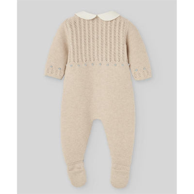 Light brown knit newborn romper with chalk blue accents and a white Peter Pan collar, featuring intricate knit patterns.