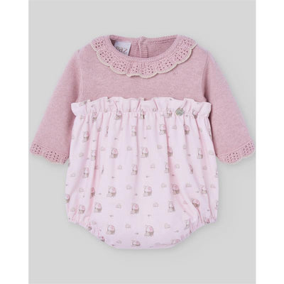 Knit newborn romper in powder pink and light brown with a lace collar and playful print, designed for infants.