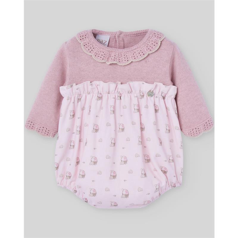 Paz Rodriguez - Knit Newborn Romper Pascua, Powder Pink/Light Brown Image 1
