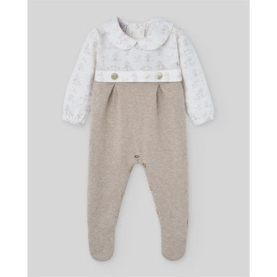 Knit newborn romper in light brown with a white collared top featuring a subtle pony print and button details.