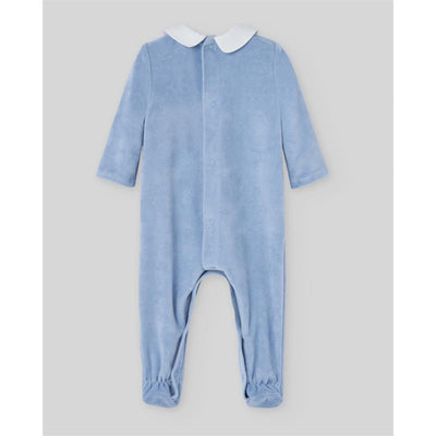 Knit newborn romper in Dutch blue with a white collar and button closure, perfect for infants.