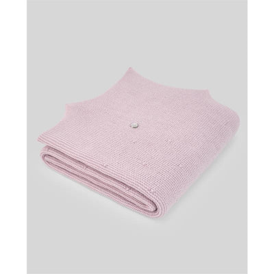 Knit newborn shawl in mauve, featuring a textured pattern and a decorative button at the center.