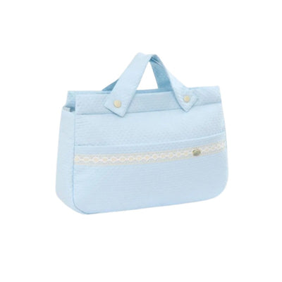Woven bag Adarve in chalk blue and cream, featuring two handles and decorative trim.