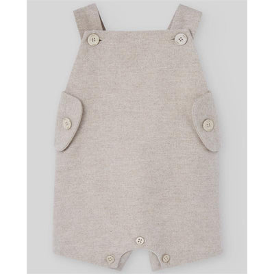Woven light brown overall for newborns featuring button details and front pockets.