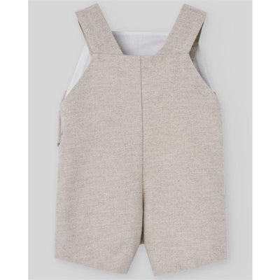 Light brown woven overall for newborns, featuring adjustable straps and a shorts design.
