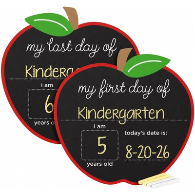 Chalkboard signs shaped like apples for the first and last day of kindergarten, with spaces for age and date.