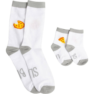 Matching Daddy and Me sock set featuring two pairs of white socks with gray accents and pizza slice designs.