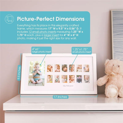Keepsake frame measuring 17” x 9.5” displaying multiple photo inserts labeled “my first year” on a table with a teddy bear.