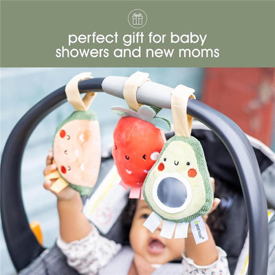 Stroller toy set featuring three colorful plush fruits: an avocado, a strawberry, and a watermelon, designed for infants.