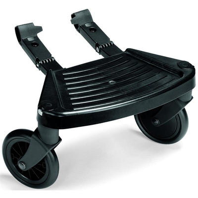 Black ride-on board with two wheels, designed to attach to strollers, offering a safe place for an additional child to ride.