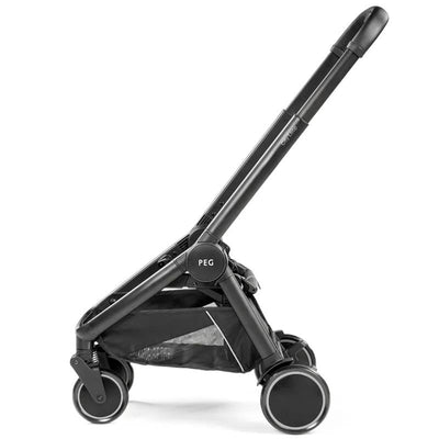 Black Peg-Perego City Loop chassis with wheels and a storage basket, designed for use with a compatible infant car seat.