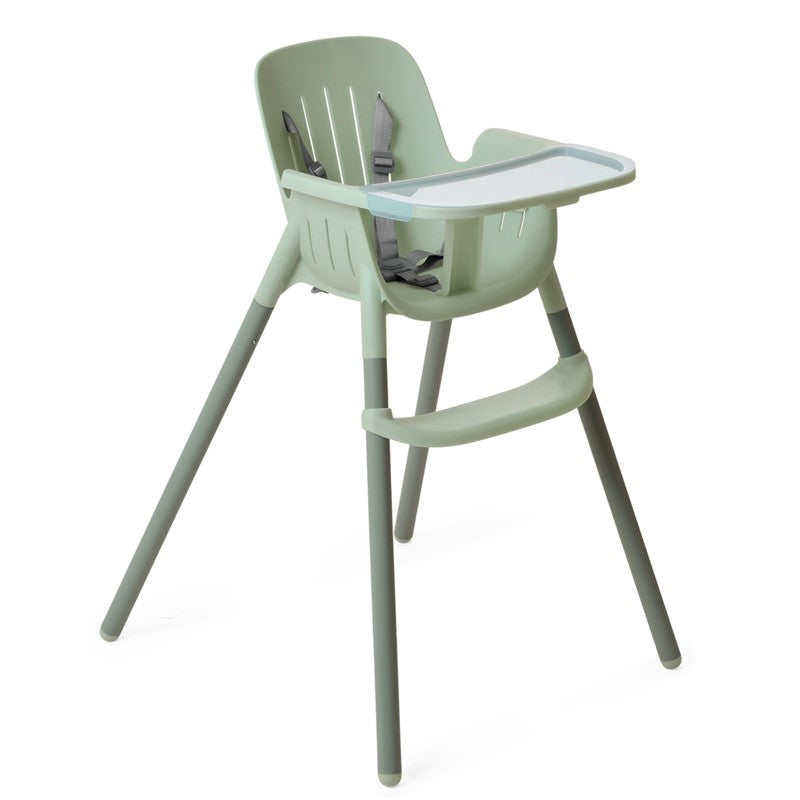High chair designed for infants in Mon Amour Green-Soft Sage, featuring a safety harness and removable tray.