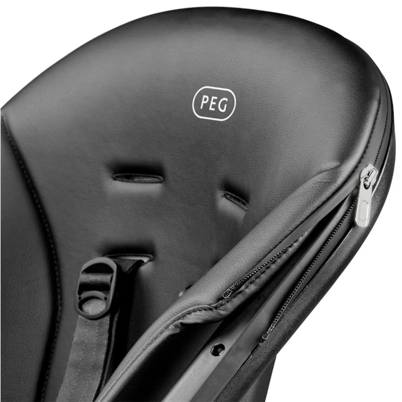 High chair seat in True Black with zippered detail, safety straps, and PE logo, designed for child safety and comfort.