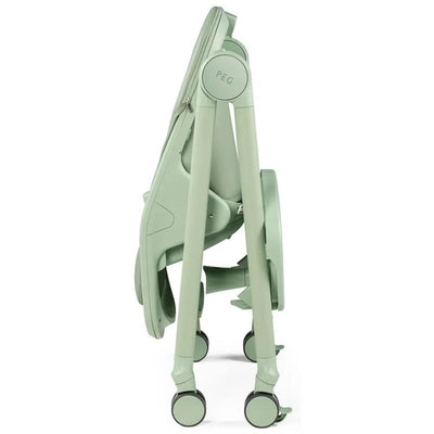 Peg Living High Chair in Sage, featuring a sleek, modern design, shown in a folded position with wheels for easy mobility.