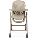 Peg-Perego Living Grow high chair in Space Sand color, featuring a reclining seat and adjustable harness.