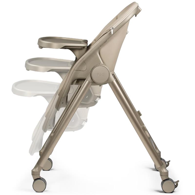 Folding high chair and recliner in Space Sand color, featuring adjustable tray and wheels for mobility.