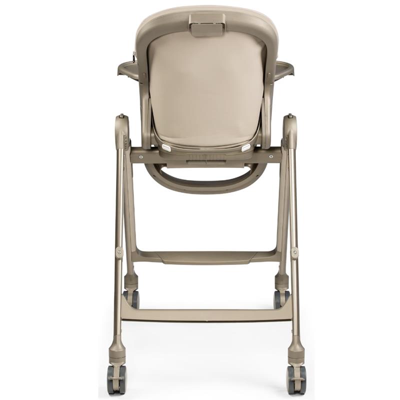 Folding high chair and recliner in Space Sand color, featuring a cushioned seat, adjustable height, and wheels for mobility.