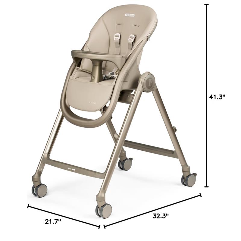 Peg Siesta High Chair in Space Sand color with adjustable safety straps, removable tray, and dimensions displayed.