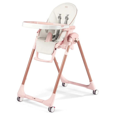 High chair Peg Prima Pappa Zero 3 in Mon Amour (Rose Gold) with a pink frame, white seat, and detachable tray.
