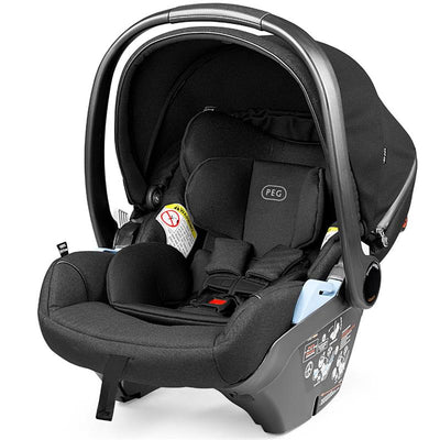Infant car seat, Peg Primo Viaggio Lounge in True Black, featuring a padded interior, adjustable canopy, and safety labels.