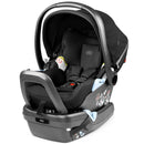Peg Primo Viaggio Lounge Infant Car Seat in True Black, featuring a removable canopy, safety harness, and user instruction labels.