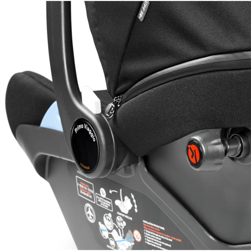 Primo Viaggio Lounge Infant Car Seat in True Black, featuring adjustable handle, safety indicators, and instruction labels.