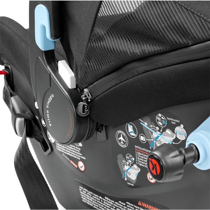 Primo Viaggio Urban Mobility baseless infant car seat in True Black with installation instructions and safety features visible.