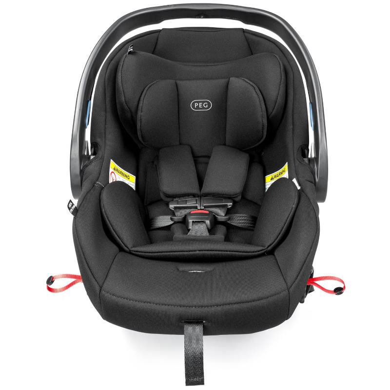 Baseless infant car seat in True Black color with adjustable harness and safety warning labels.