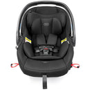 Baseless infant car seat in True Black color with adjustable harness and safety warning labels.