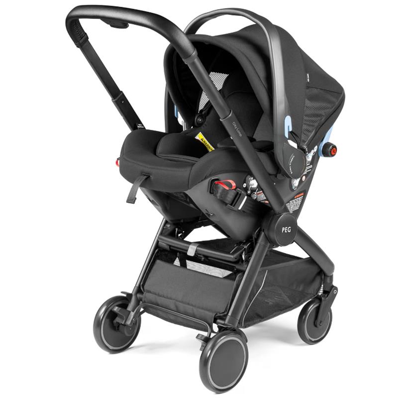 Baseless infant car seat in True Black, featuring a sleek design, adjustable handle, and safety harness system.
