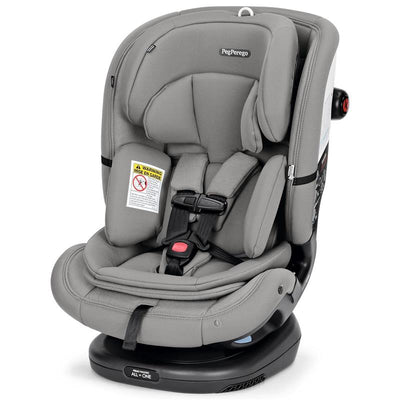 Primo Viaggio All In One Convertible Car Seat by Peg-Perego in Mercury color with adjustable harness and safety label.
