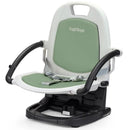 Peg Pérego Rialto booster high chair in licorice color with a green seat, safety harness, and adjustable design.