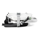 Peg Rialto Booster High Chair in Ice, shown in a folded position with a strap for secure storage.